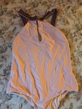 acacia swimwear Light Pink Halter Bodysuit with Striped Neckband